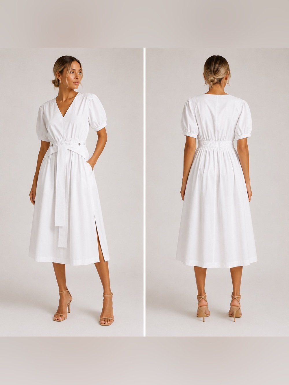 3.1 Phillip Lim White Poplin Midi Dress Tie Front Snap Detail Puff Sleeve Size 2